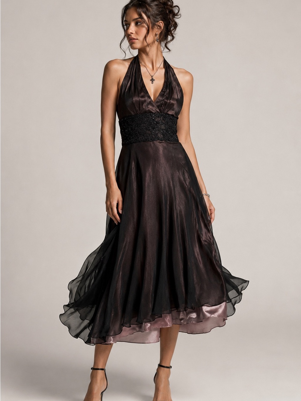 Vintage Y2K 100% Silk Halter Dress 10 Beaded Whimsigoth Dark Romantic Fairy